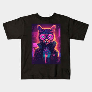 Futuristic Cyberpunk Neon Cat Wearing Glasses Kids T-Shirt